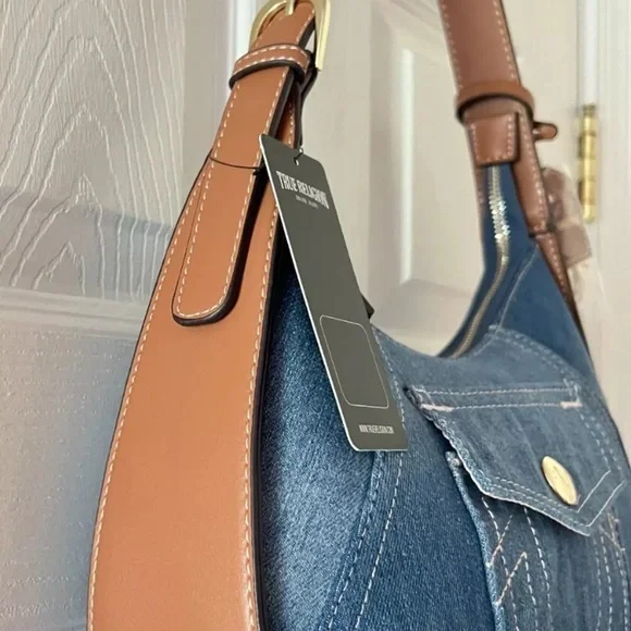 True Religion Denim/Leather Hobo Handbag Armpit Shoulder Bag Purse NWT - Picture 3 of 5